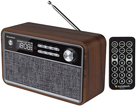 SUNSTECH RPBT500. Radio FM compacta de Madera con presintonías, Modo Reloj, Alarma Dual. Altavoz Bluetooth (v4.2) de Graves potentes, Manos Libres, USB, Micro SD y aux-in. Incluye Mando a Distancia.