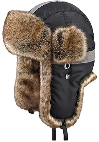 Insun Unisex Fliegermütze mit Sicherheit Reflexstreifen Trappermütze Warme Kunstfell Mütze Wasserdicht Winddicht Schwarz M
