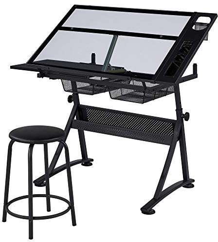 Yaheetech Height Adjustable Glass Drafting Table with Tilting Tabletop Artist Craft Desk with Open Drawers & Shelf, 121 x 60cm Black Office Workstation with Glass Tabletop
