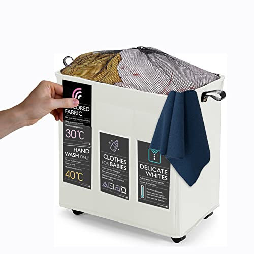 KNIGHT 150L Collapsible Laundry Basket with Wheels | Lightweight Portable Washing Storage Bin | Durable Fabric Mesh Cover & Handles | Ivory Laundry Hamper