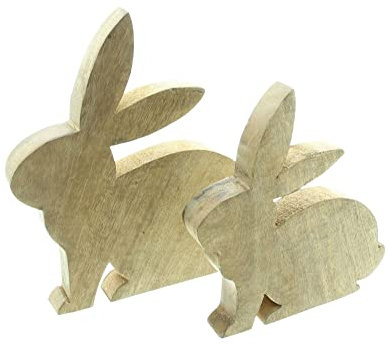 FRANK FLECHTWAREN Hase 'Mangoholz', 2er Set geflammte Holzdeko, Osterhase mit Schleife, Osterdeko