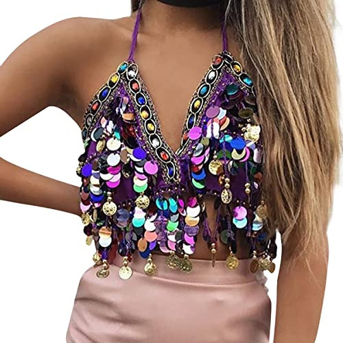 Pailletten-Top mit Neckholder, für Salsa, Bauchtanz, Boho, Festival, Club, Tribal-Top, Kostüm, mit Fransen, Quaste, Passung 32A bis 36B (Violett)