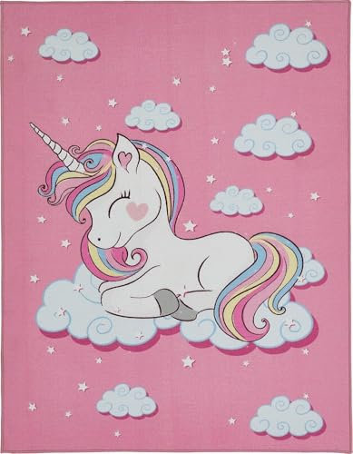 andiamo Kinderteppich Mädchen, Polyamid, Teppich Kinderzimmer, Motiv mit Prinzessin & Einhorn, gekettelt, flach, geeignet als Deko und Spielunterlage, Farbe:Pink, Größe:133 x 170 cm
