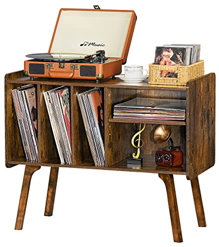 Lerliuo Record Player Stand with 4 Cabinet Holds Up to 220 Albums, Large Turntable Stand with Beech Wood Legs, Mid-Century Record Player Table,Brown Vinyl Holder Storage Shelf for Bedroom Living Room