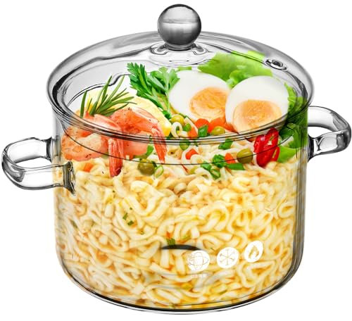 HEMOTON Glas Kochtopf Glastopf mit Deckel Zum Hitzebeständiger Suppentopf Transparent Schmortopf Suppenschale Glas Töpfe zum Kochen Doppelgriff 1900ML