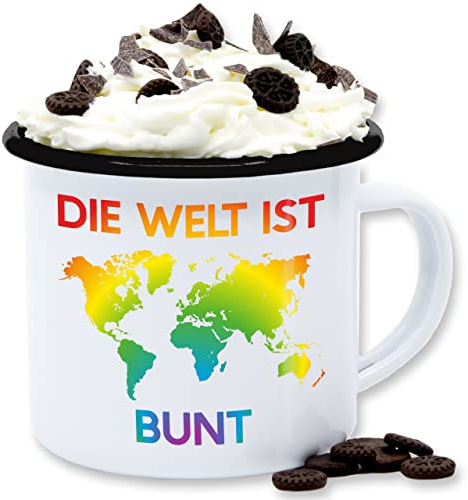 Emaille Tasse Blechtasse - Pride LGBTQ Flagge - Die Welt ist bunt – Regenbogen Farben - 300 ml - Weiß Schwarz - lgbt bunte tassen csd kaffeetasse lesbian lqbtq gay lgbtqia queer kleidung month