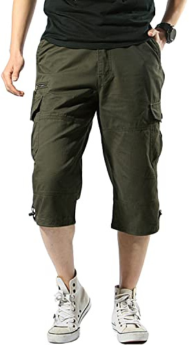 Misfuso Short Bermuda Homme Cargo avec Ceinture Taille Élastique Vert F XL