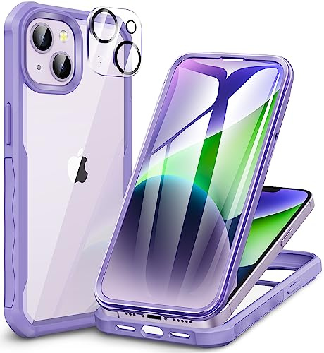 CENHUFO Cover iPhone 14 Plus, con Protezione Schermo Vetro Temperato e Pellicola Fotocamera[9H HD] 360 Gradi Antiurto Full Case Rugged Fronte Retro Doppia Faccia Custodia per iPhone 14 Plus -Lilla