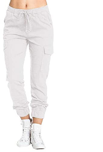 AMDOLE Weiße Damen Cargo Hose mit Elastischer Taille und 5 Taschen - Stretch, Multi-Pocket, Medizinisch geeignet, für Damen, Größe S-XXL, Weiß