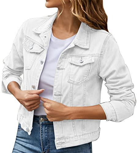 Veste Basique en Jean pour Femme - Coton Denim - Avec Poches - Longue - Coupe-Vent - Élégant Blazer d'Affaires - Blanc, M
