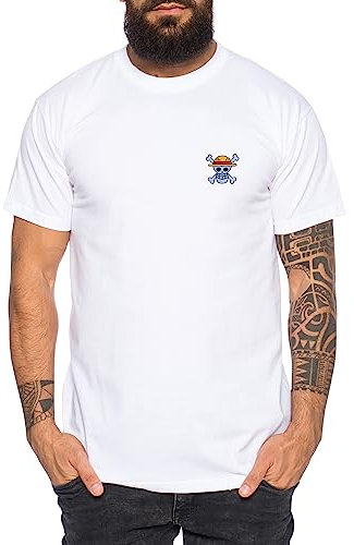 Ruffy Straw Hat Besticktes Herren T-Shirt - Manga Stick One Pirat Piece Anime Luffy Zoro, Farbe:Weiß, Größe:L