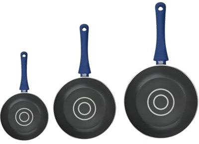 Tasty 9980550 Set 3 Poêles à induction avec doseur d'huile, poêles à frire, poêles de cuisine, poêles de cuisson, Aluminium pressé, Polyester silicone, Greblon C3, Bleu, Gris, 20 cm, 24 cm, 28 cm