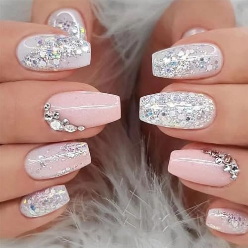 Agasar 24pcs Short Coffin False Nails, Glitter Silver Pink Stick on Nails Rhinestone Ballerina Press on Nails Removable Glue-on Nails Full Cover Fake Nails Women Girls Nail Art Accessories