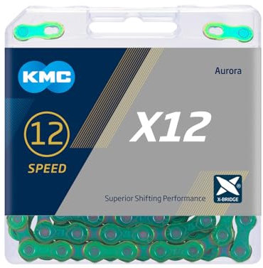 Fahrrad Kette, KMC Fahrradkette, X12 AURORA GREEN, 1/2“ x 11/128“, 126 Glieder, 12-fach, Iridium beschichtet, metallic grün
