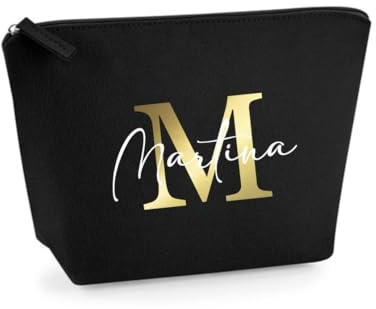 AWASG Kosmetiktasche Filz Buchstabe Monogramm - Personalisiert mit Namen - Schminktasche Beauty Bag - Geschenk Mama Beste Freundin - S (16 x 12,5 x 6 cm) (schwarz)