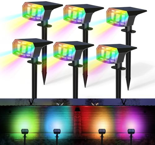 Faretti solari da esterno RGB che cambiano colore, 8 colori fissi e 1 colore ad anello, luci solari da giardino a LED impermeabili IP67, per cortile, vialetto, sentiero e campeggio - Confezione da 6