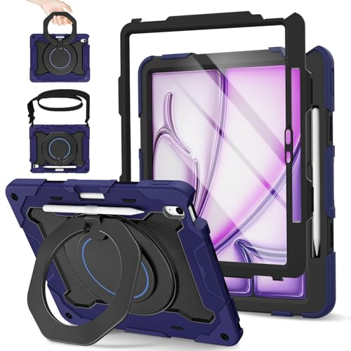 ROISKIN Funda para iPad Air de 13 pulgadas 2024 con protector de pantalla HD y correa para el hombro, funda militar resistente a los golpes para iPad Air de 13 pulgadas M2, funda de soporte giratorio