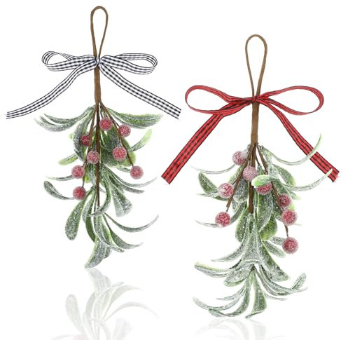 GEEHUA 2 Stück Weihnachts Mistelzweig Dekor, Weihnachts Mistelzweig Hängeornament mit Karierter Schleife künstliche rote Beeren Mistelzweig Dekorationen glitzerndes Weihnachtsbaum Zubehör(Rot+Weiß)