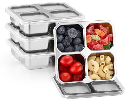 Misichao Snack Behälter 4 Stück, Snackbox Kinder mit 4 Fächern Edelstahl Brotdose mit Grau Deckel wiederverwendbare meal prep Lunch-Behälter für Kinder und Erwachsene für Schule, Arbeit