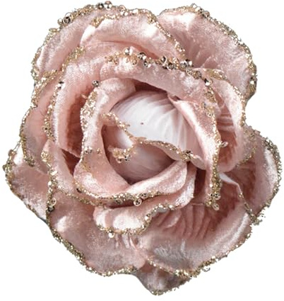 Christmas Tree Decoration Clip on Rose Flower 10cm Fabric with Glitter Wedding Decoration (Rose Gold 5803)