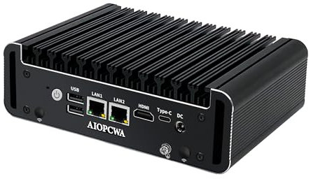 AIOPCWA Fanless Mini PC, Celeron N5105 Industrial Computer, 2 Port 2.5GbE i225V LAN, 2 × COM RS232 Serial Port, 16GB RAM 128GB SSD, Support WinOS, Linux, Wifi/BT, Type-C, SIM slot