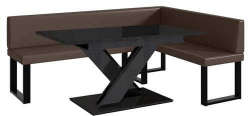 MEBLINI Eckbank für Esszimmer mit ausziehbarem Tisch - Küchenbank - Essecke - Sitzecke Küche - Toni - U-Beine 142x196x87cm Rechts - Braun Kunstleder/B Schwarz Hochgl.