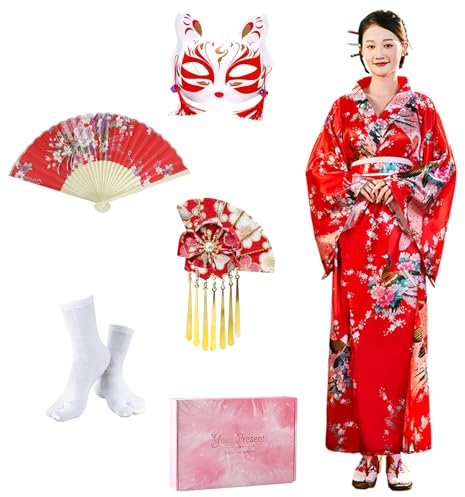 CRFASIBE 5 Pièces Robe Kimono Longue Femme Japonaise Geisha Yukata Robe Kimono Paon Photographie Cosplay Costume Set(Rouge)