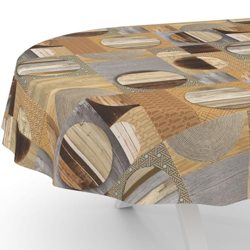 Wachstuchtischdecke Wachstischdecke Wachstuch Tischdecke abwaschbar Gartentischdecke Wasserabweisend Oval 200x140cm Schnittkante Holz Patchwork Braun