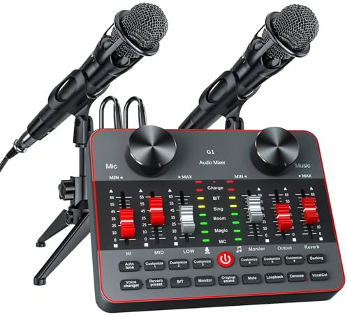 Podcast Equipment Bundle for 2 Mic Tiktok Video Content Creator Kit, Audio Interface DJ Mixer Sound Card/Board Condenser Microphone for Studio Smartphone/PC/Laptop Broadcast Recording/Live Stream