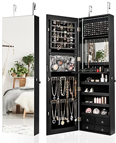 JSTDDP Luci Jewelry Cabinet, Porta appesa/Parete Gioielli Armadio con Specchio a Figura Intera, Trucco con Serratura Cosmetici Gioielli