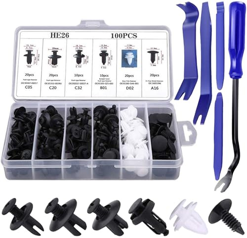 HAPPOW 100PCS Car Trim Clips Kit with 5 Trim Removal Tools,Car Body Trim Clips,Universal Auto Body Fasteners for Door, Bumper, Panel, Easy Install & Secure Fit