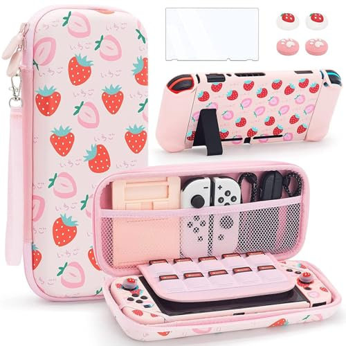 Protective Case Organizer Compatible with Nintendo Switch/OLED - EVA Hard Shell 9H Hardness, Waterproof/Dustproof/Anti-Fingerprint, 16 Game & 16 SD Card Slots, Ultra-Thin Portable Design (Pink)