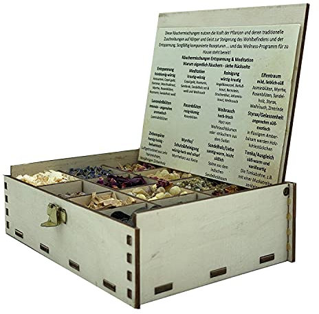Geschenkbox Räucherbox mit 12 Sorten Räuchermischungen für Loslassen und Meditation, 14 x 10 x 4 cm