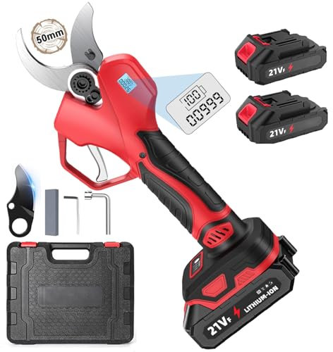 NUMNER Secateur Electrique Sans Fil 50mm, Sécateur de Jardin avec 2 Batteries et Écran LCD, Lames Sharp Sk5, Moteur Sans Balais, Sécateur Électrique pour Jardinage, Vigne, Arbre Fruitier (Rouge)