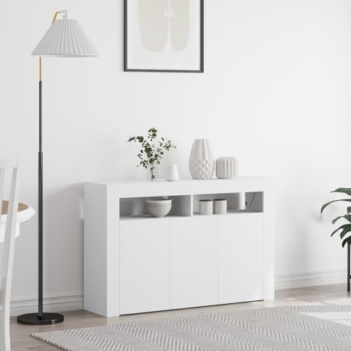 HaoChrymec Bahut Salon en Bois d'ingénierie Blanc, Meuble de Rangement avec éclairage LED, Commode Cuisine, Buffet Salle à Manger Moderne, Meuble Salon Rangement, Meuble laqué Blanc, 116 x 30 x 75 cm