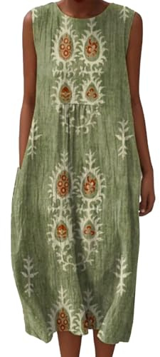 Linen Dresses Cheesecloth Dress for Women Summer Casual V Neck Italian Midi Short Sleeveless A-line Sundress Tunic Breathable Floral With Pockets Beach Lightweight Shift Plus Size Ladies UK Italy