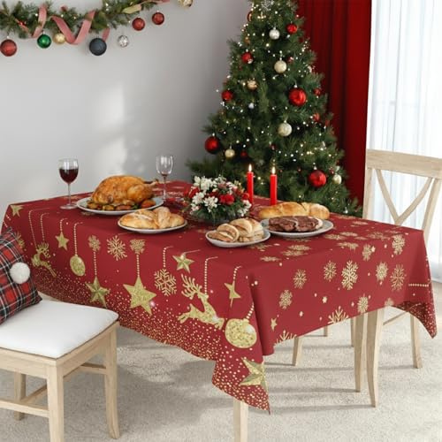 PureHaus Rote weihnacht schneeflocktische Tischtuch, Weihnachtstischdecke Rot Gold Rechteckig Tischtuch mit Elch Schneeflocke Stern, Abwaschbar Wasserdicht Tischwäsche, 140 x 140 cm