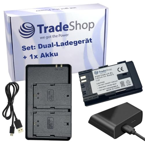2in1 Set: 2-Fach Ladegerät Micro-USB Typ-C + Li-Ion Akku (7,2V / 2600mAh) kompatibel mit Canon LP-EL DS401231 LC-E6 LC-E6E EL-1 EL-5 Speedlite