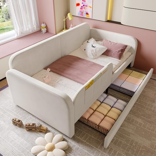UIXENI Upholstered Split Bed Daybed, 90x200cm Sofa Bed with 2 Drawers on Rollers, Metal Bed Frame, 3 Small Storage Bags
