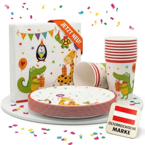 EV® Partygeschirr Set für 16 Kinder – Tiere Deko für Kindergeburtstag | Party Tiere Pappgeschirr - mit Pappteller, Becher & Servietten – Stilvolles Tischdeko Set für besondere Anlässe