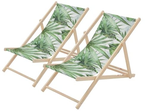 ECD Germany 2er Set Liegestuhl klappbar, Palme Grün-Weiß, Strandliege aus Holz, Sonnenliege mit verstellbarer Rückenlehne, Strandstuhl bis 120 kg, Gartenliege, Relaxliege für Garten, Balkon & Terrasse