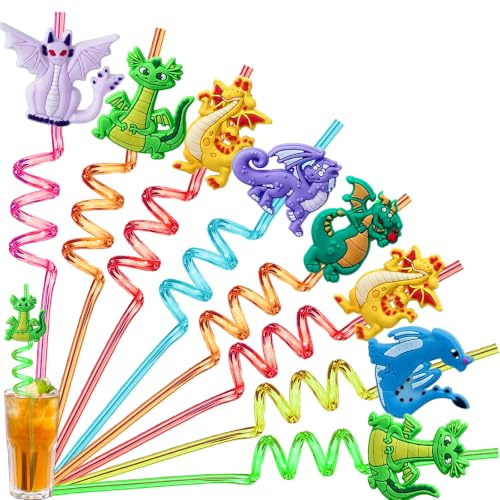 YOUYIKE 8 pcs Pailles Enfants Reutilisables, Dinosaure Straws Spirale, Pailles Spirales Réutilisables, Pailles En Dinosaure Pour Les Enfants Pour Fêtes Anniversaire, Réunions De Famille