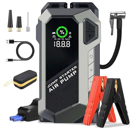 DISCORAMA - KIT AVVIATORE EMERGENZA AUTO MOTO 12V E COMPRESSORE ARIA PORTATILE 2IN1 CON POWERBANK E LUCE LED DIGITALE PER PNEUMATICI E GONFIABILI