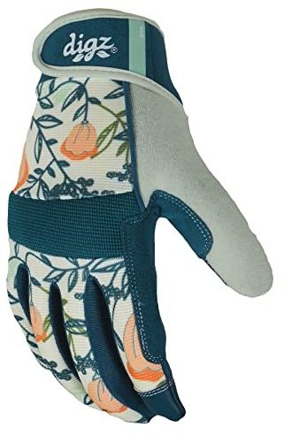 DIGZ 77862-23 High Performance Women's Gardening Work Touch Screen Compatible Fingertips Gloves, Large, Coral Floral Pattern | 4-way spandex with touchscreen fingertips, adjustable wrist helps block dirt for gardening and landscaping