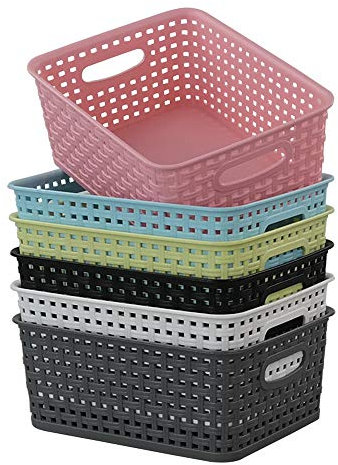 Rinboat Muti-Colour Rectangle Plastic Weave Storage Shelf Baskets, Pack of 6