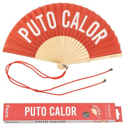 Fisura - Original handheld folding fan with the message in Spanish. Wooden fan. Original holding Hand Fans. Fan with hanger included (Calor, red)