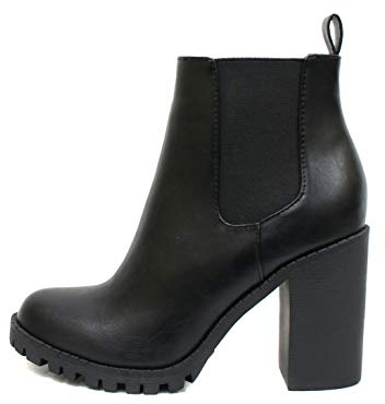 Soda Glove - Ankle Boot w/Lug Sole Elastic Gore and Chunky Heel (Black, 9)