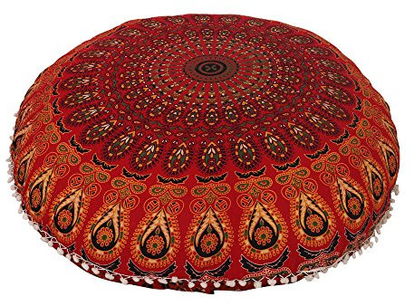 Radhykrishnafashions Indian 32 Large Hippie Mandala Floor Pillow Cover Cushion Cover Round Bohemian Yoga Decor Floor Cushion Case (Red)