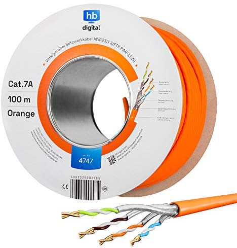 hb-digital 100m Cable de red CAT.7a Cable de instalación LAN AWG 23 Cobre puro S/FTP PiMF LSZH Cable de instalación Ethernet libre de halógenos RoHS Cable de datos PoE 10Gbit/s máx. 1200MHz