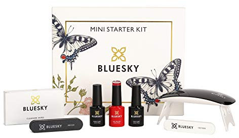 BLUESKY Gel-Nagellacke, Mini-Starter-Set mit 6W UV-LED-Aushärtungslampe, professionelles Gel-Nagel-Set, Unterlack und Decklack, Nagelfeile, Buffer, Reinigungstücher (BLUESKY Starter Kit MINI Rot)